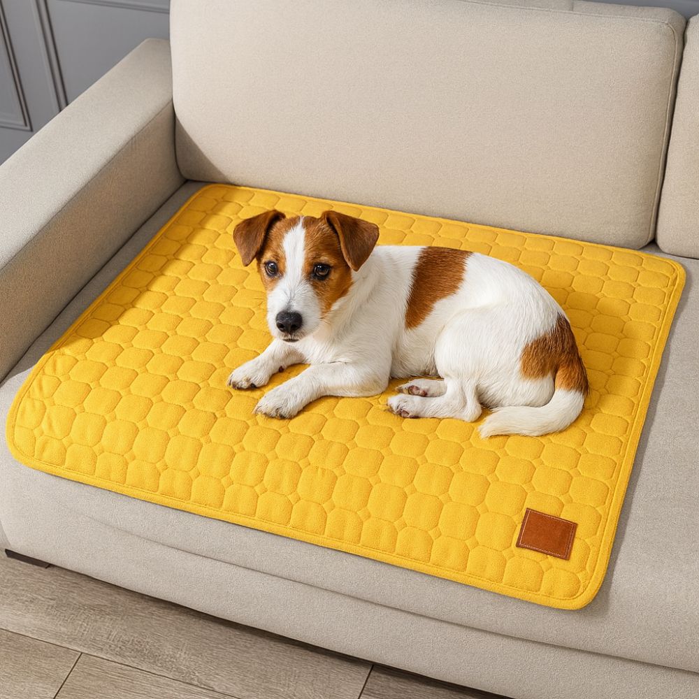 Jack Russel sur un tapis chien servant de protection canapé