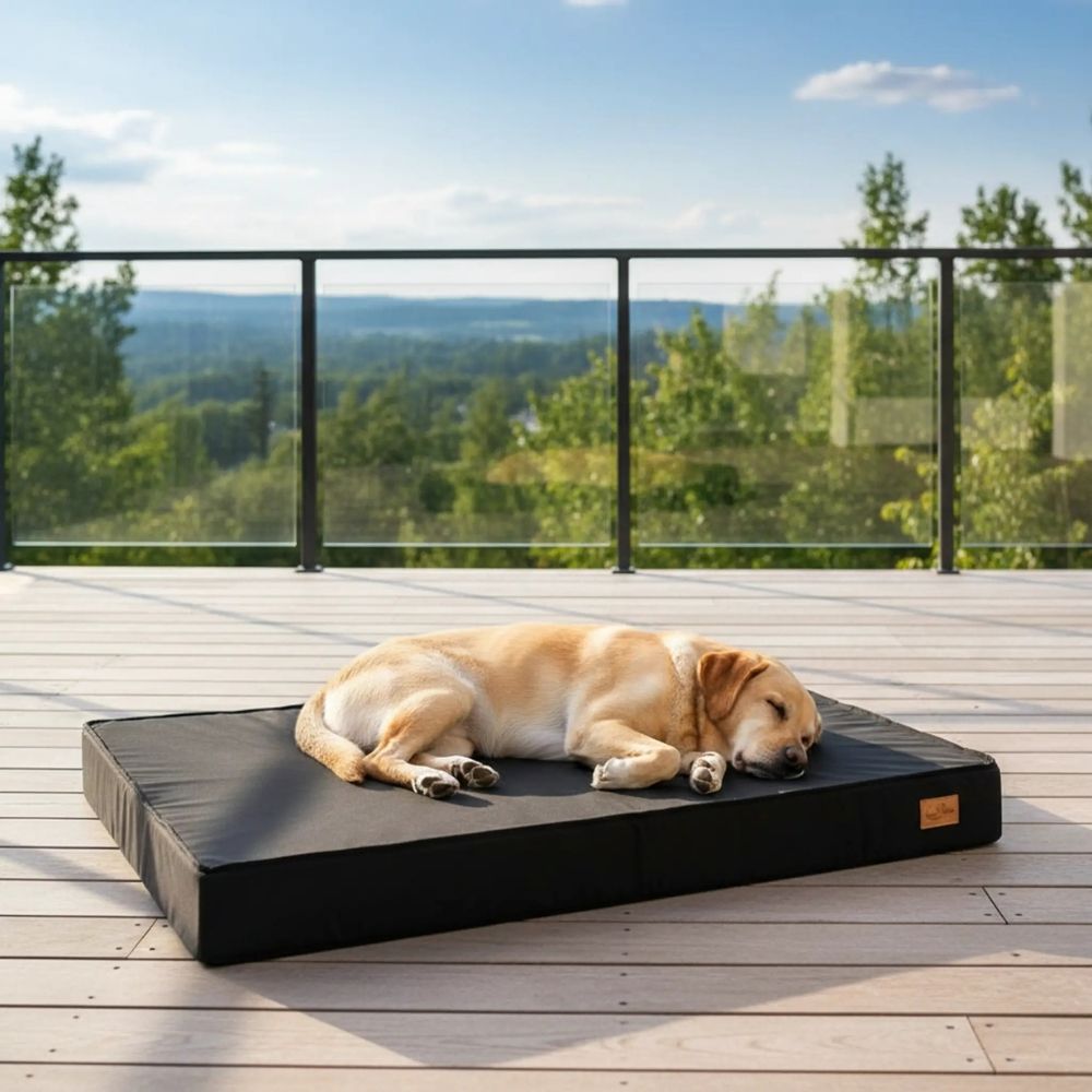 Tapis orthopédique chien stable et confortable avec un labrador endormi, en extérieur