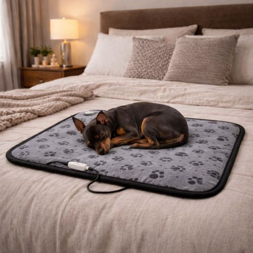 tapis pour chien chauffant installé sur un lit avec un pinscher endormi