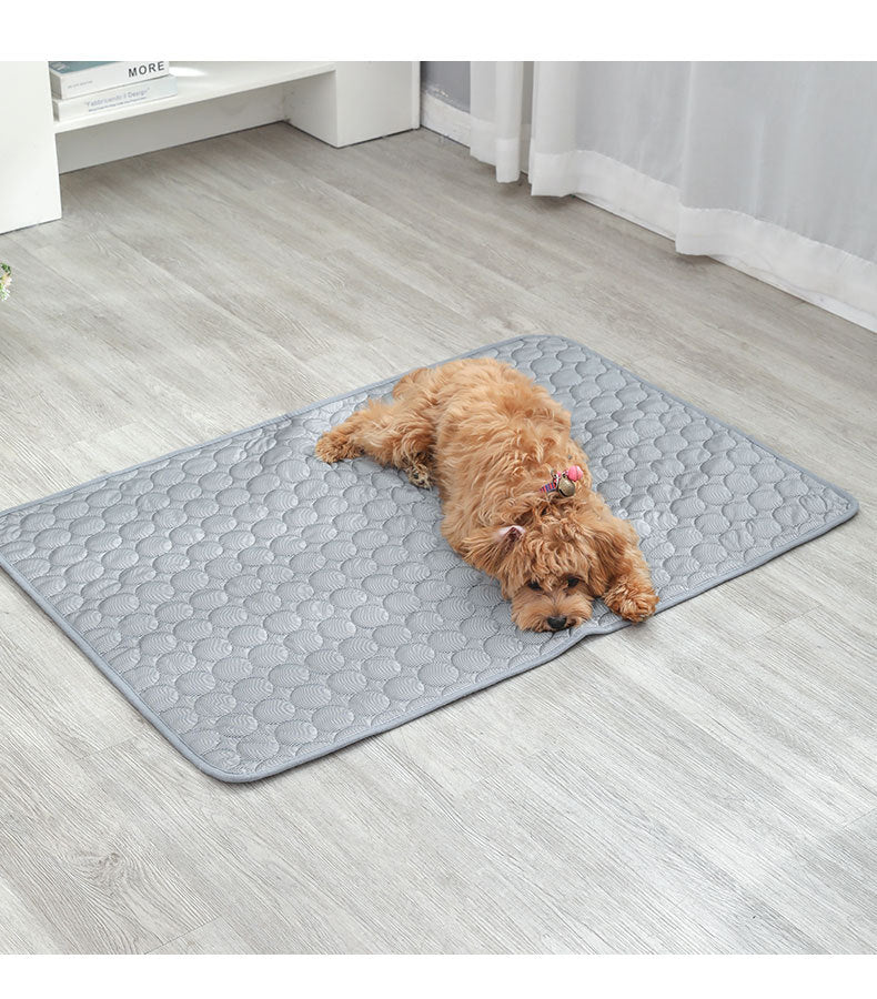 Toutou sur son tapis rafraichissant pour chien, procurant une fraîcheur durable en été