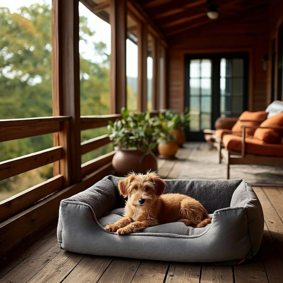 Toutou confortablement installé sur la véranda, lit pour chien respirant