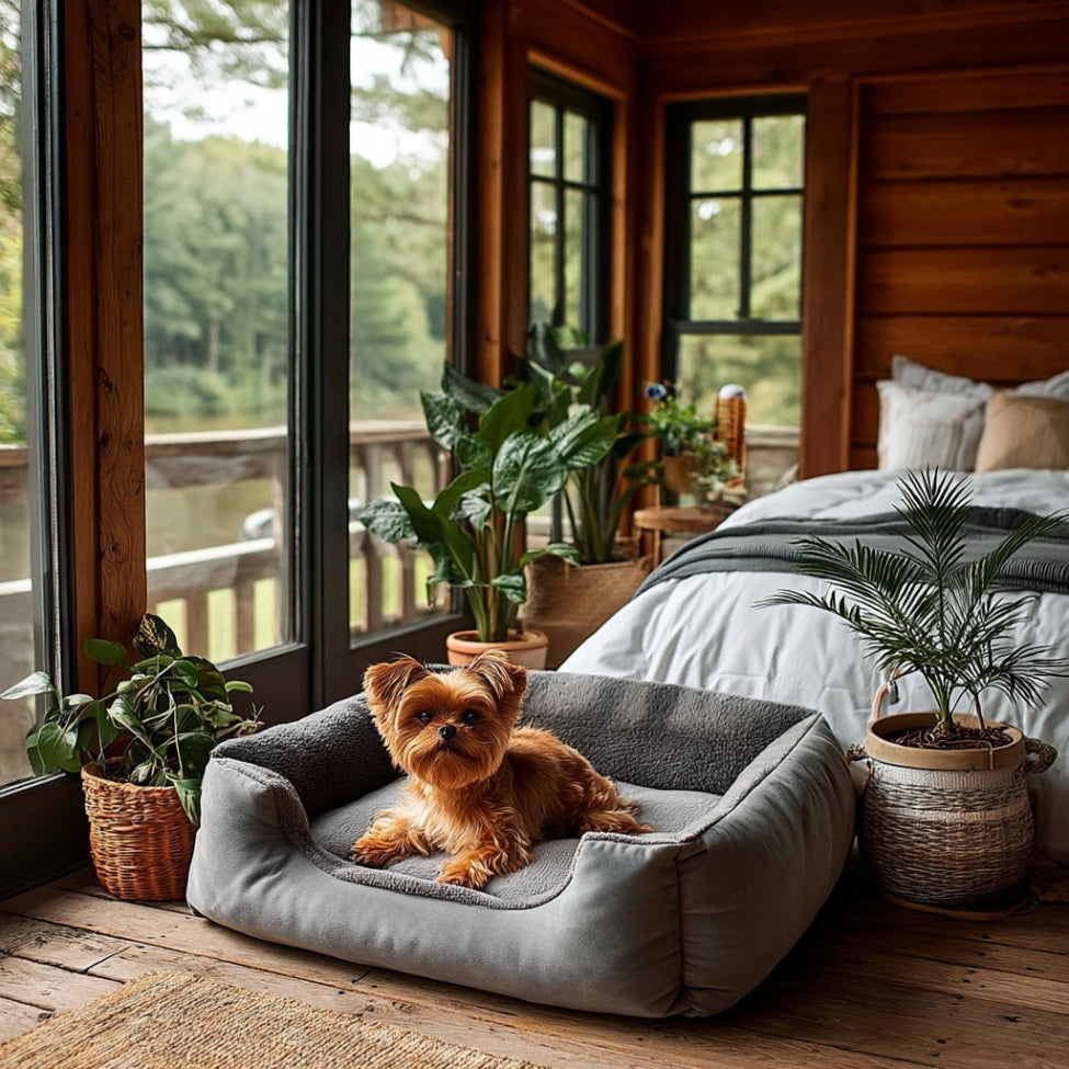 Yorkshire observe autour de lui, bien calé sur un lit pour chien doux