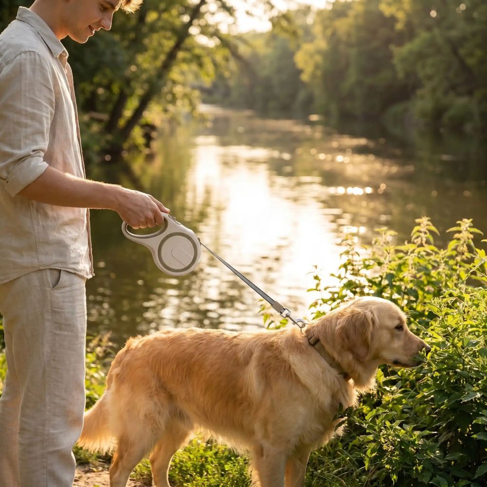 golden retriever au bord d’une rivière avec une laisse enrouleur pour gros chien beige