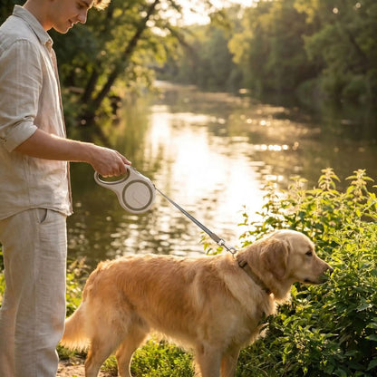 golden retriever au bord d’une rivière avec une laisse enrouleur pour gros chien beige