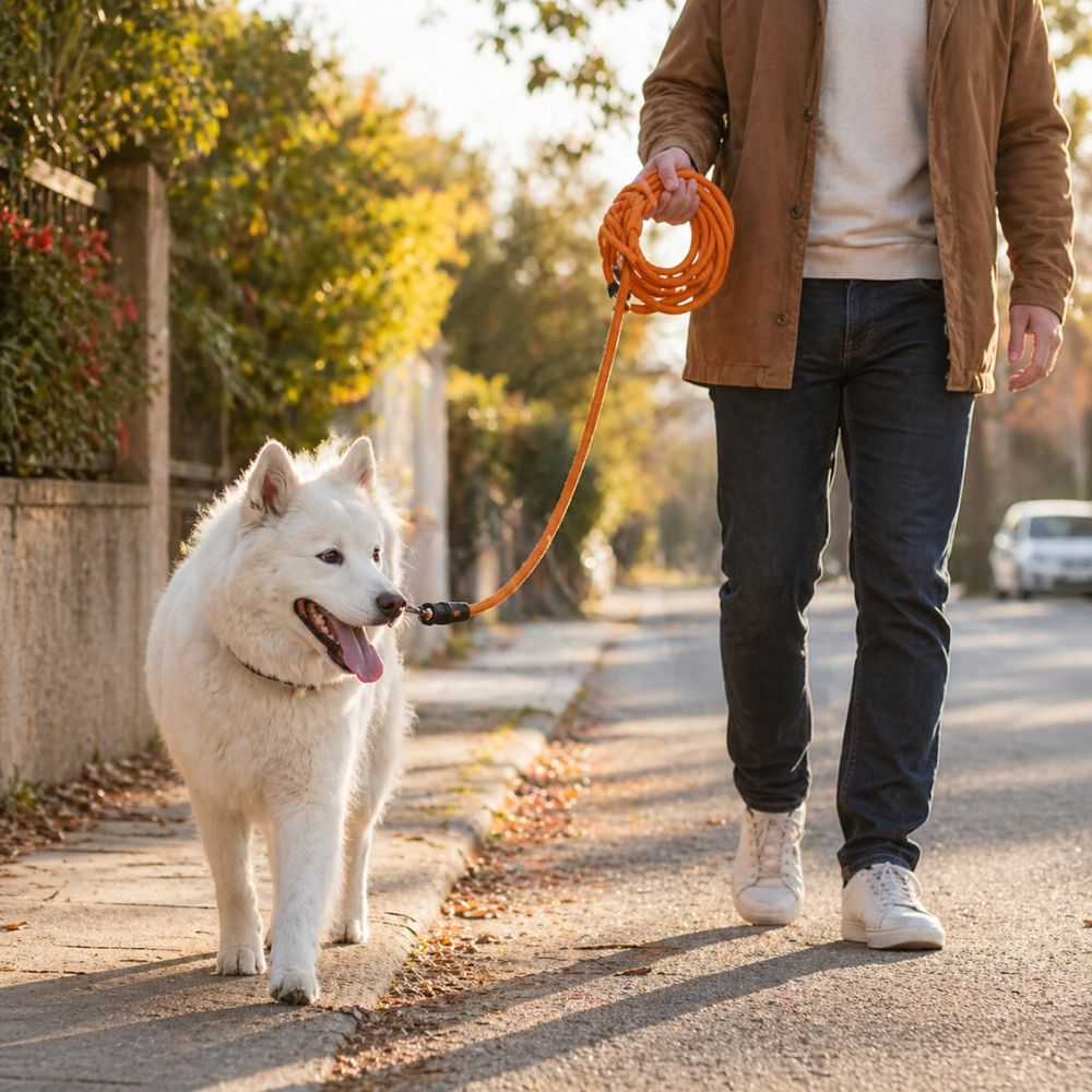 chien blanc en promenade urbaine tenu avec une longe pour chien orange longue et résistante
