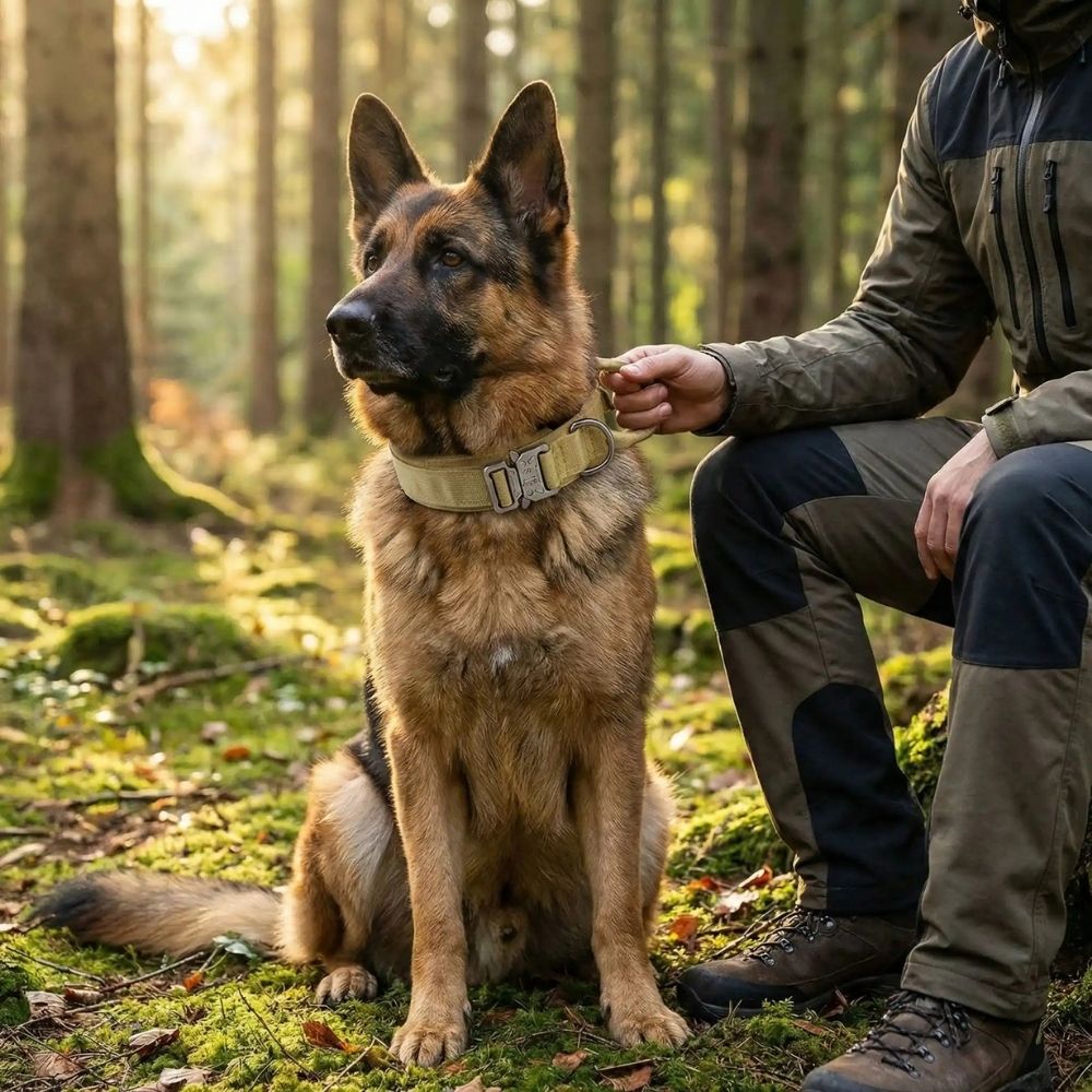 Berger allemand assis à côté de son maître, qui le tient fermement avec son collier tactique chien, dans la forêt