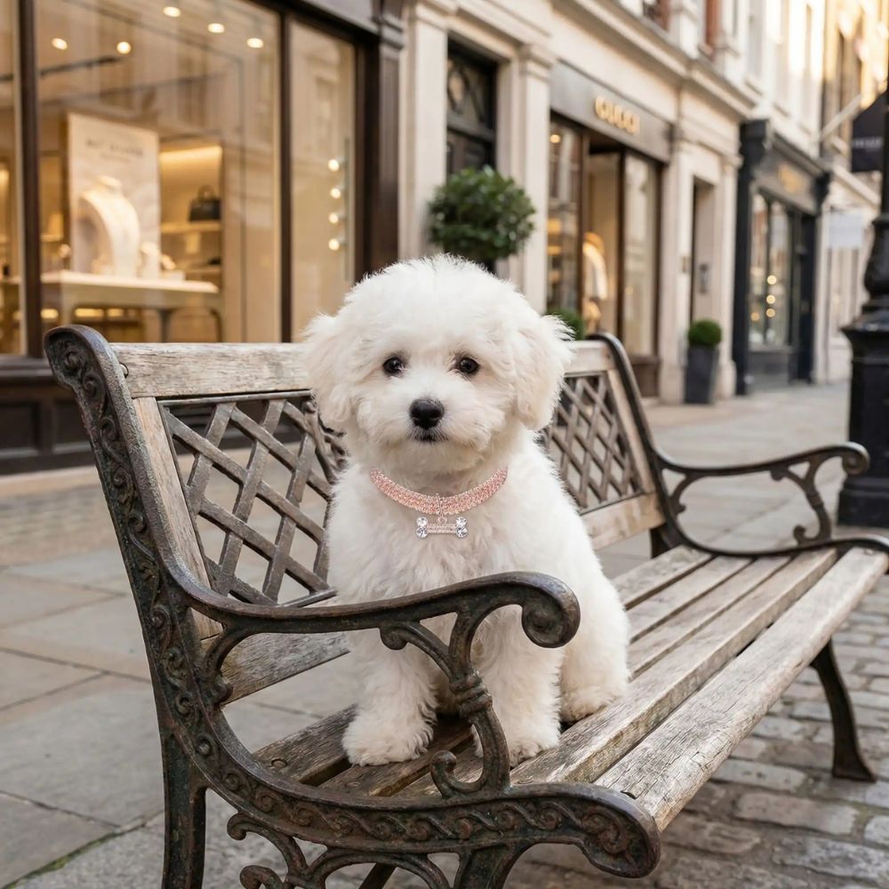 Bichon assis sur un banc dans un quartier chic, portant un collier chiot élégant