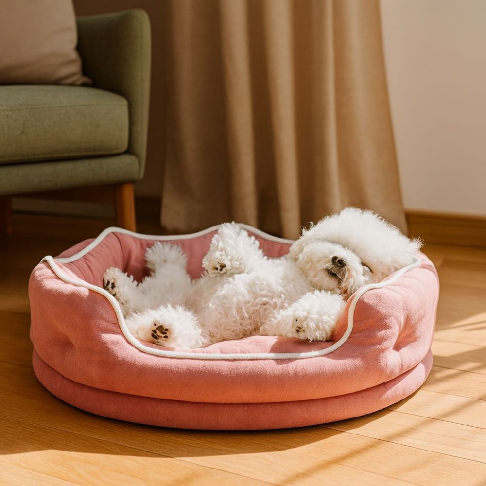 Petit bichon endormi paisiblement dans un panier chien apaisant, pattes en l’air