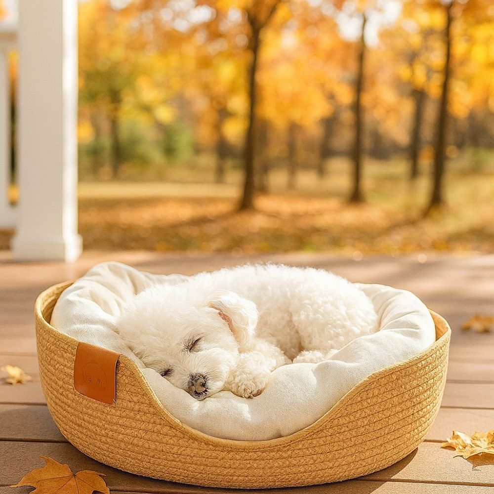 Petit bichon endormi en boule dans un panier en osier pour chien sur une véranda d’automne