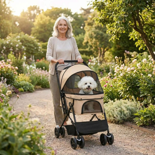 Femme âgée en promenade dans un jardin avec son bichon installé dans une poussette chien 