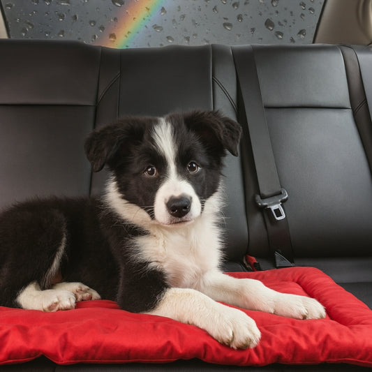 Jeune border collie allongé sur son matelas pour chien rouge, en voiture