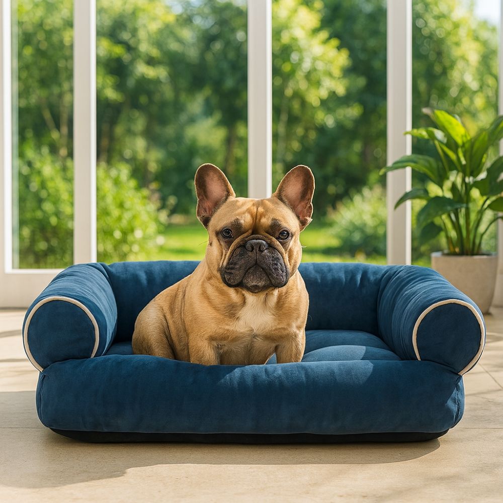 Bouledogue assis confortablement sur un canapé chien luxueux et élégant