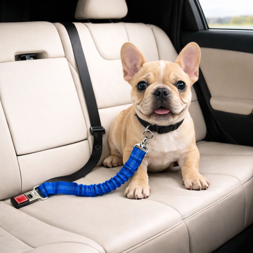bouledogue attaché avec ceinture de sécurité pour chien bleue frisée sur banquette voiture