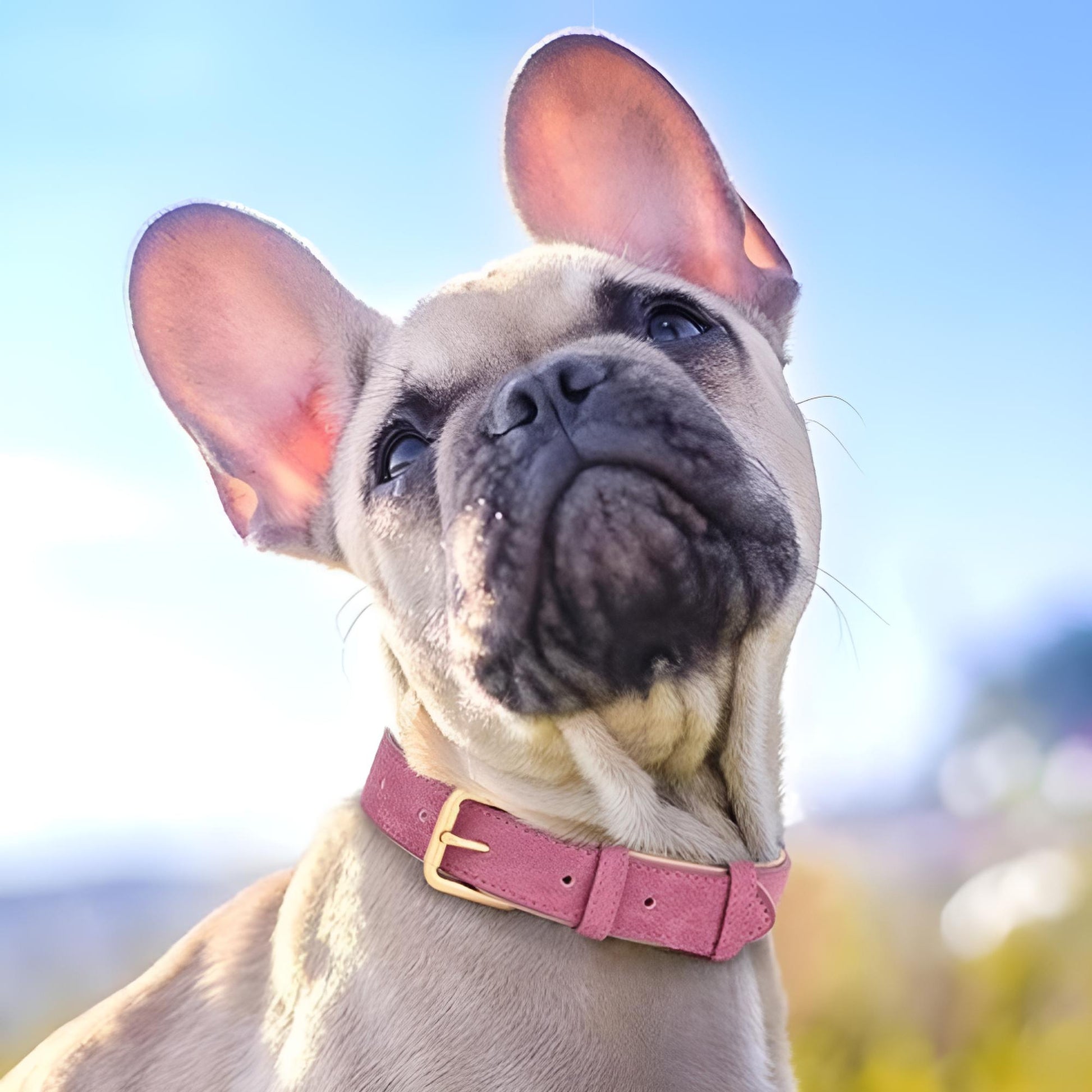 Petit bouledogue portant un collier chien rose fuchsia lors d’une sortie estivale