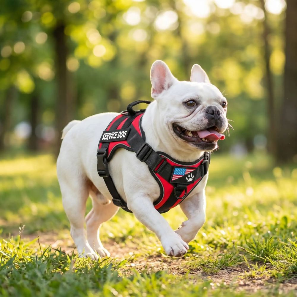 Bouledogue français courant dans la nature avec un harnais chien rouge confortable