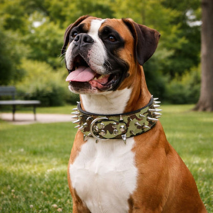 Boxer portant un collier chien clouté camouflage dans un parc