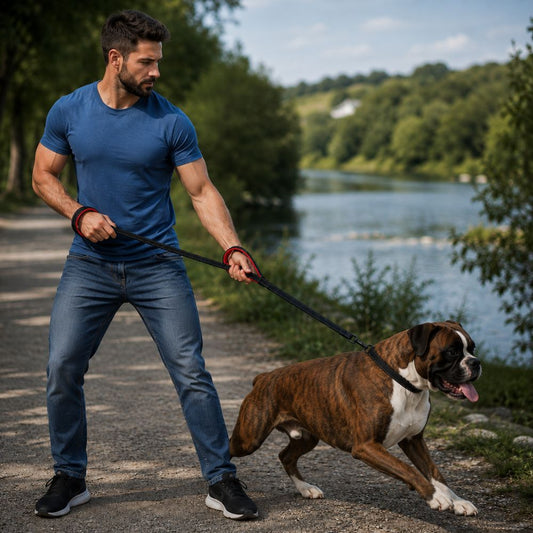 Homme barbu tenant fermement un boxer avec une laisse pour chien qui tire au bord d’une rivière