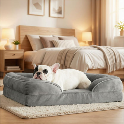 Bouledogue couché sur un canapé chien orthopédique, dans la chambre
