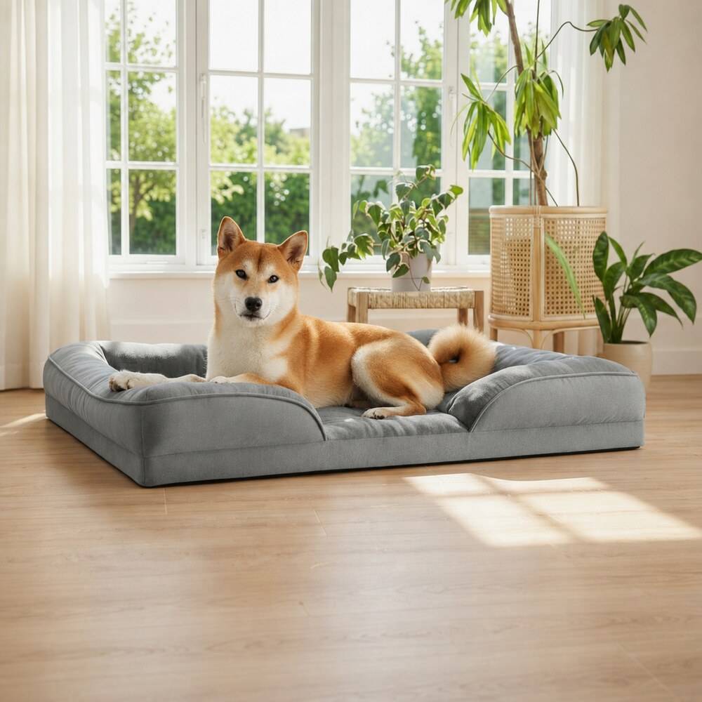 Shiba Inu posé sur un canapé chien orthopédique devant une fenêtre