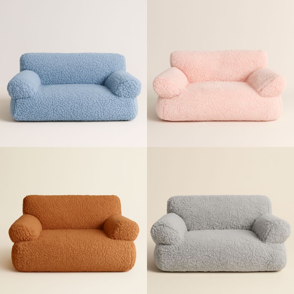 Canapé chien décliné en quatre couleurs : rose, bleu, gris et caramel