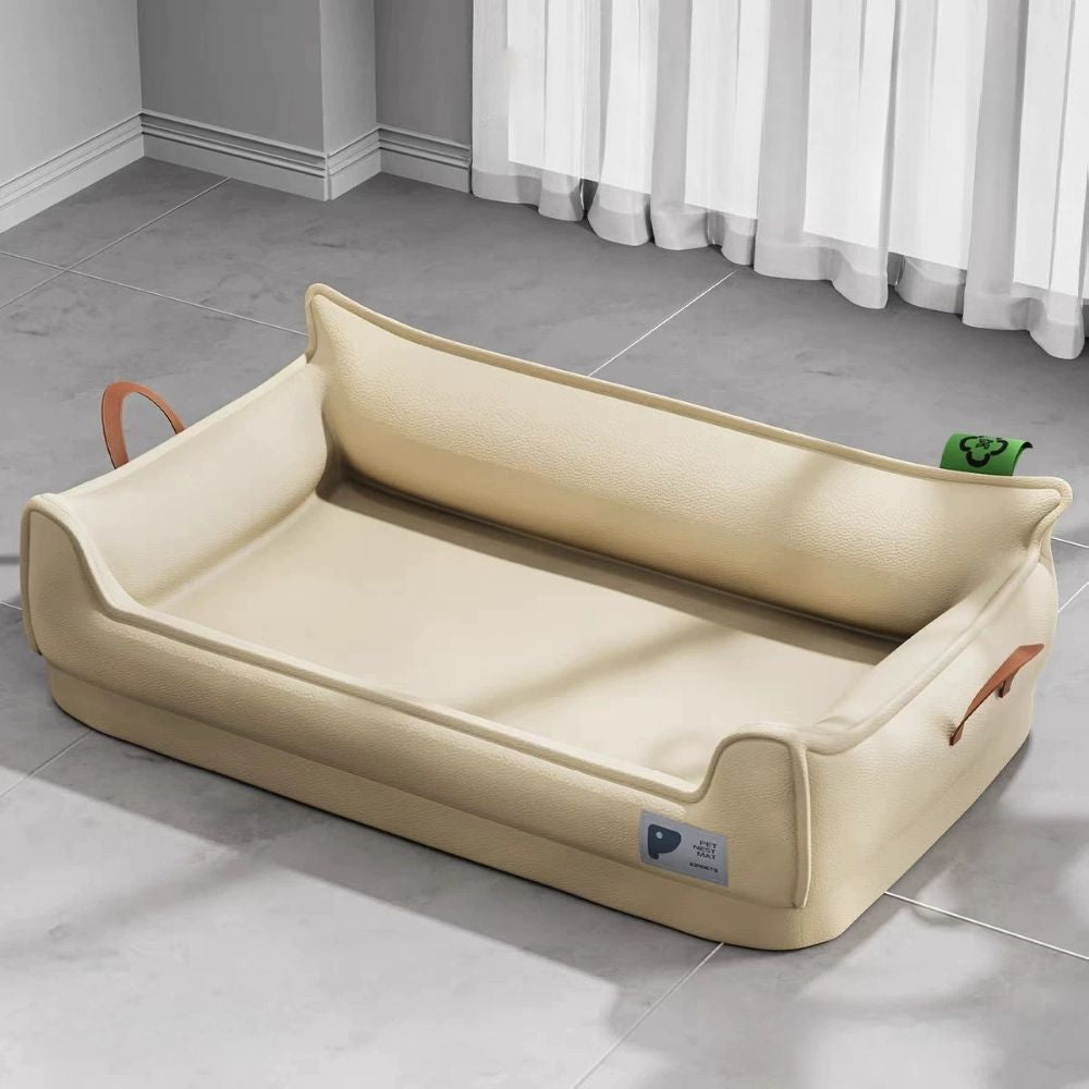 Canapé pour chien beige en faux cuir de qualité supérieure, structure robuste et confort premium