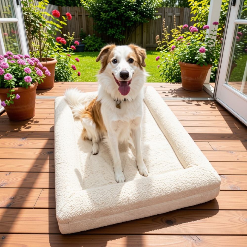 Chien blanc et marron assis dans un canapé pour chien blanc crème