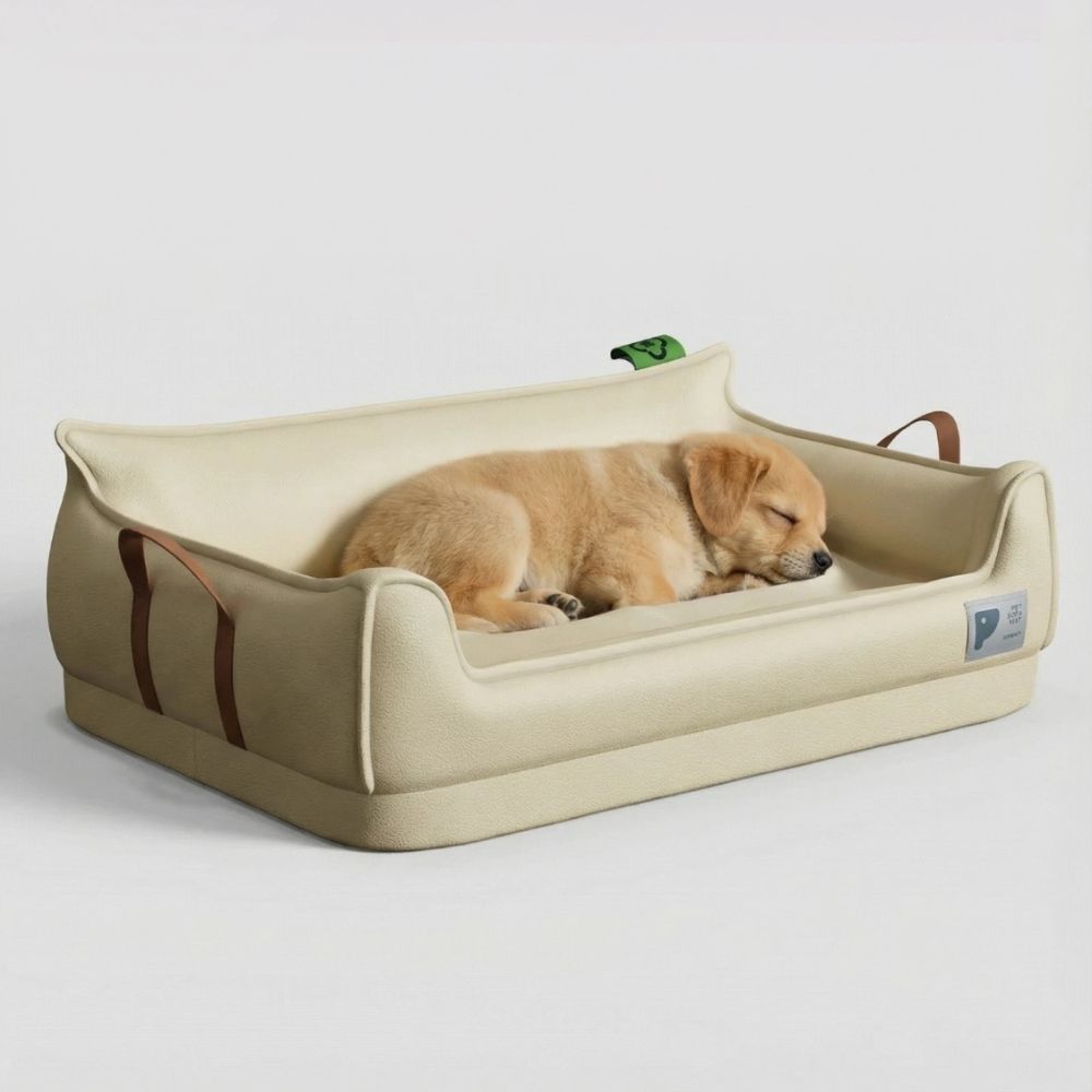 Canapé pour chien à mousse épaisse, vue diagonale avec chiot endormi, soutien confortable et enveloppant