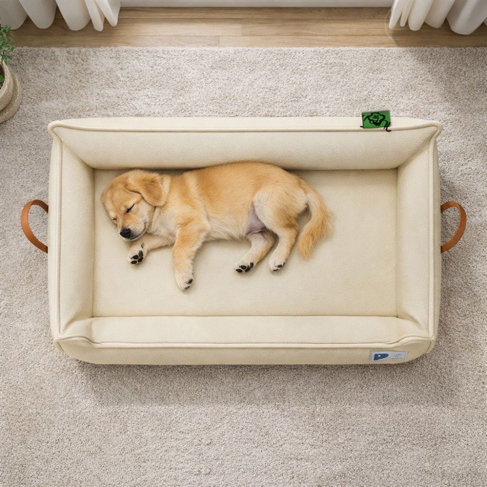 Canapé pour chien spacieux vu du dessus, petit chien en sommeil profond