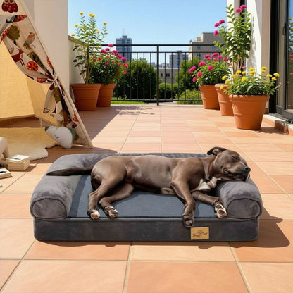 Canapé pour chien XXL installé sur une terrasse, chien marron endormi dessus