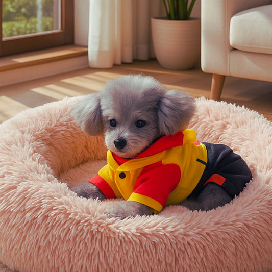 caniche-assis-dans-coussin-chien-rose