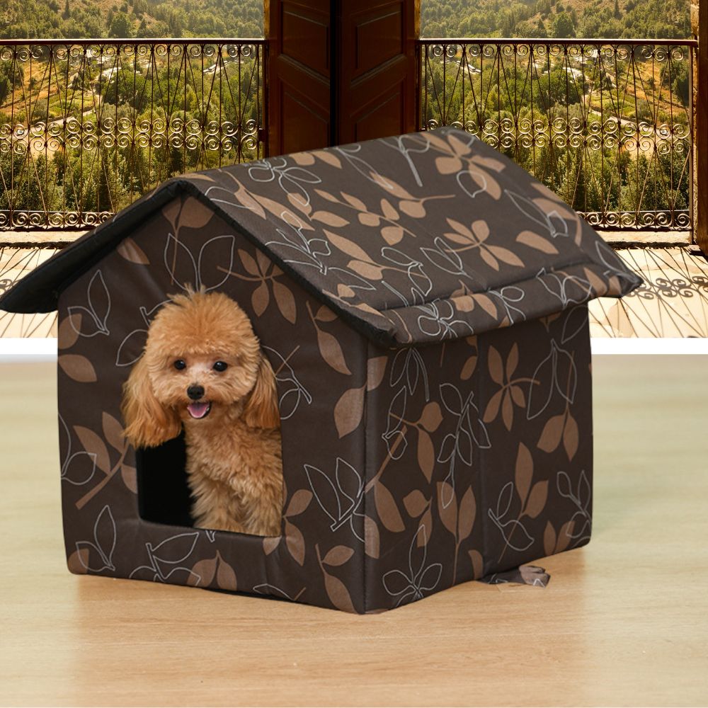 Caniche surveille depuis sa niche chien intérieur design, avec motif de feuilles