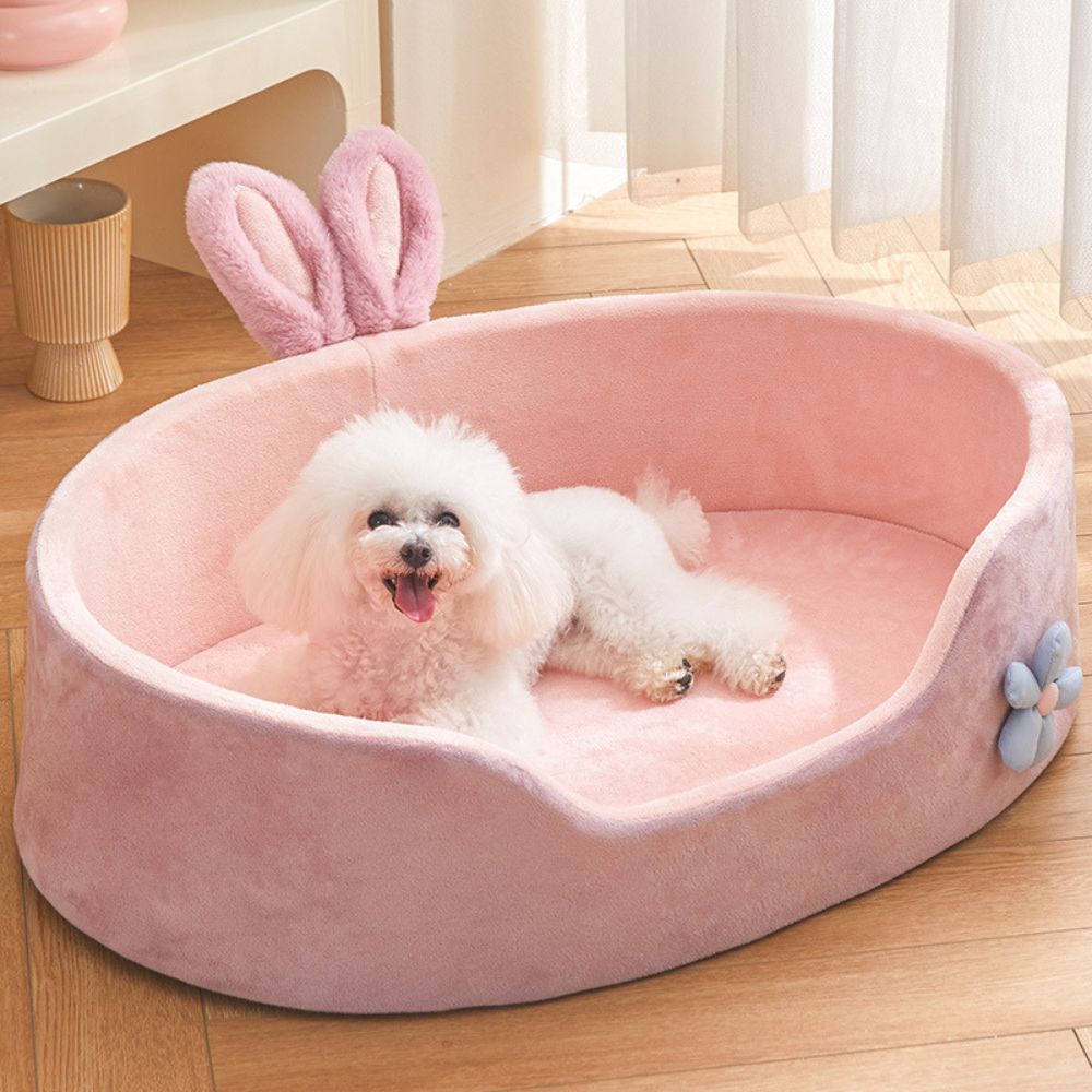 Petit caniche heureux dans un panier chien design rose, ambiance douce et lumineuse