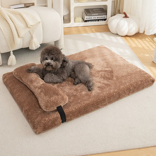 Caniche se repose sur un lit orthopédique chien couleur cacao, salon
