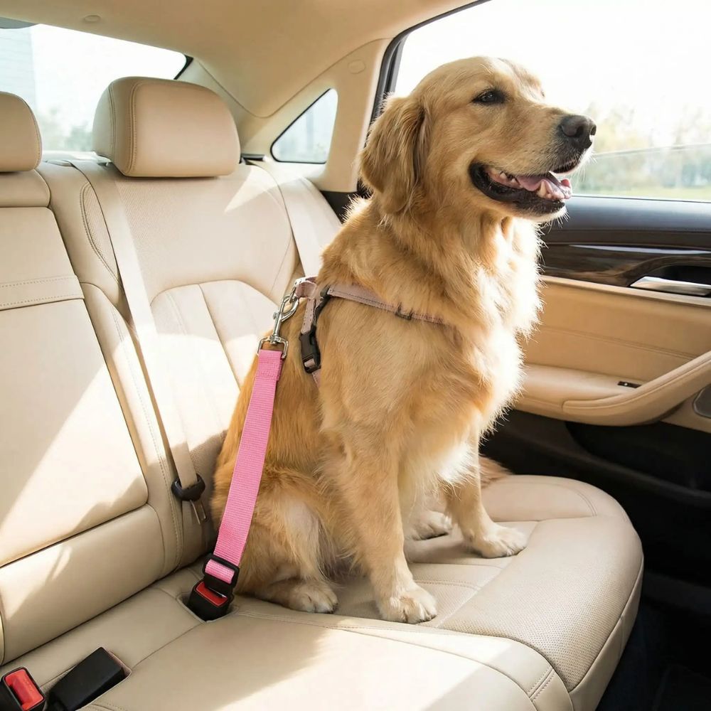 labrador attaché avec une ceinture de sécurité pour chien rose assis sur siège arrière voiture