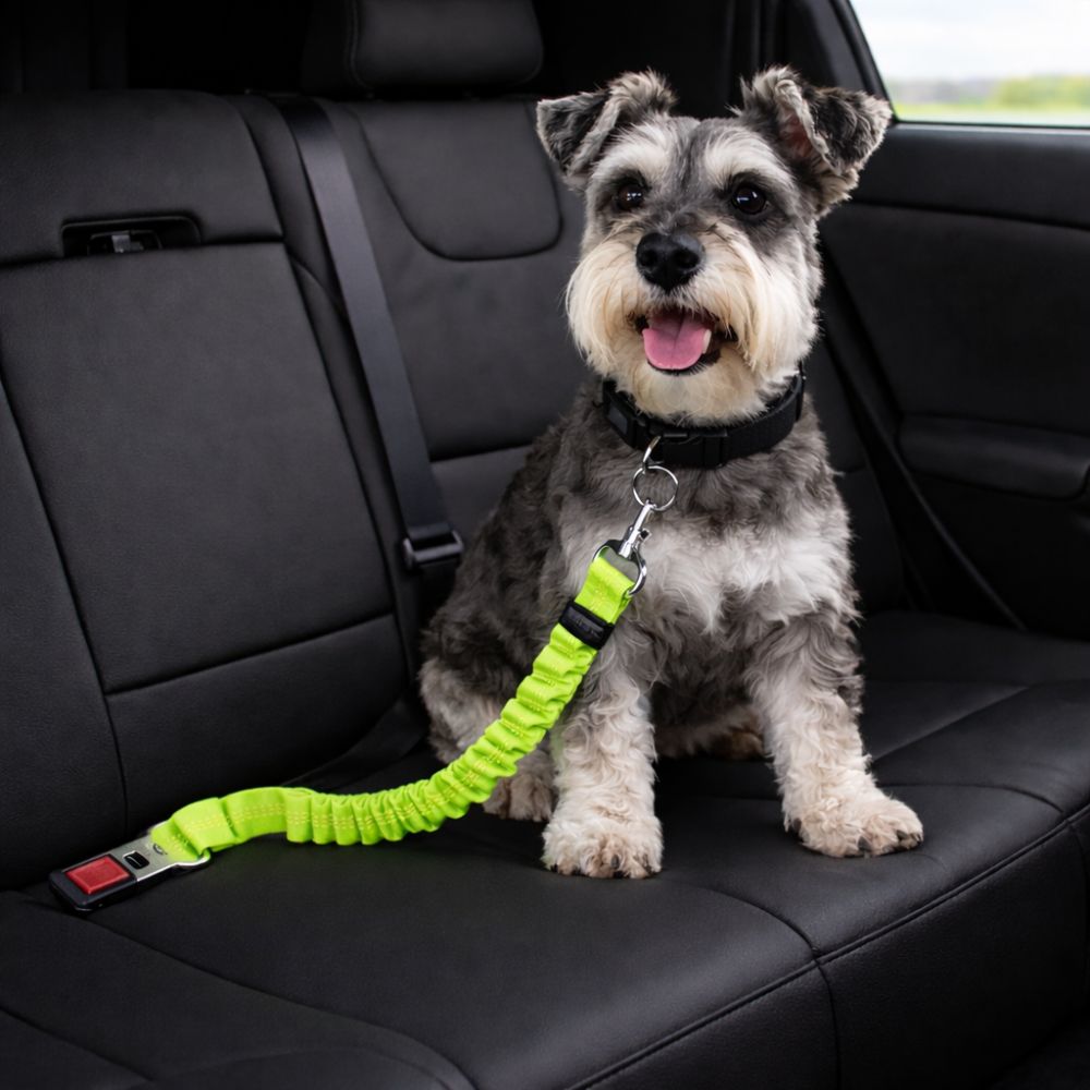 schnauzer attaché avec ceinture de sécurité pour chien vert fluo sur siège voiture