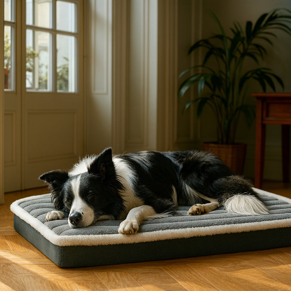 Un chien âgé allongé sur un matelas orthopédique chien, soulage ses muscles