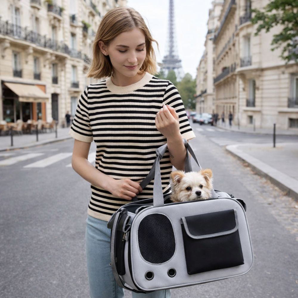 Sac transport pour chien porté par une jeune femme avec un chihuahua lors d’une balade en ville