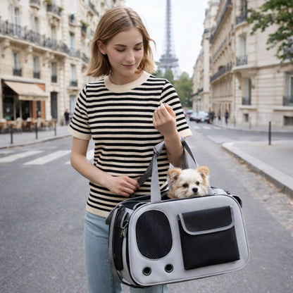 Sac transport pour chien porté par une jeune femme avec un chihuahua lors d’une balade en ville