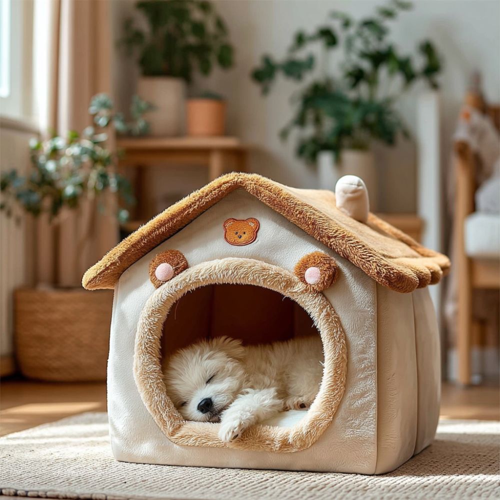 Petit chiot dort paisiblement dans sa maisonnette chien