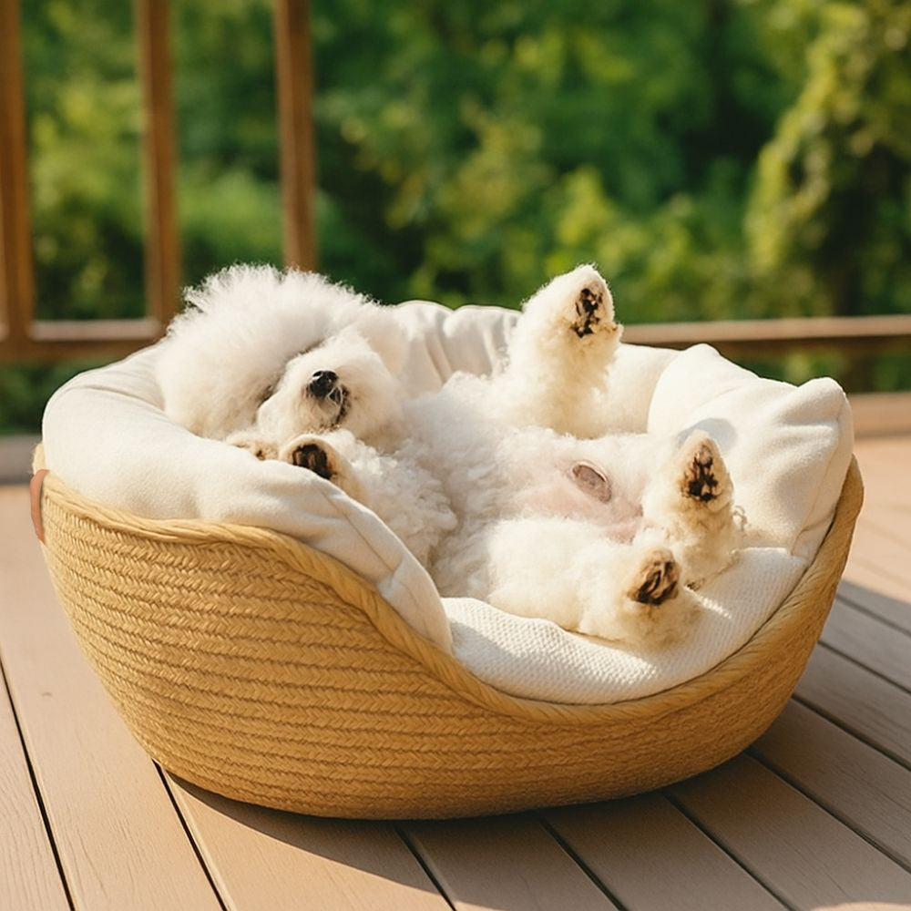 Un petit chiot dort profondément dans un panier en osier pour chien, un cocon douillet