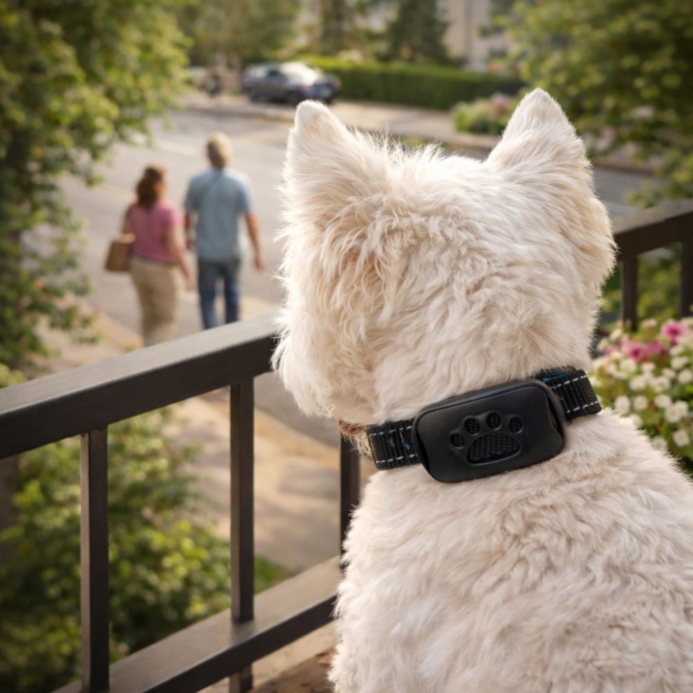 Westie équipé d’un collier anti aboiement chien observant ses maîtres depuis la terrasse
