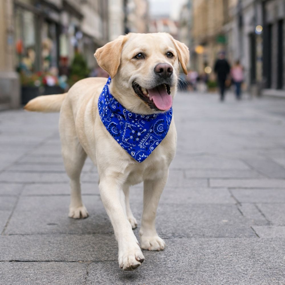 Collier bandana chien bleu porté par labrador en promenade urbaine élégante