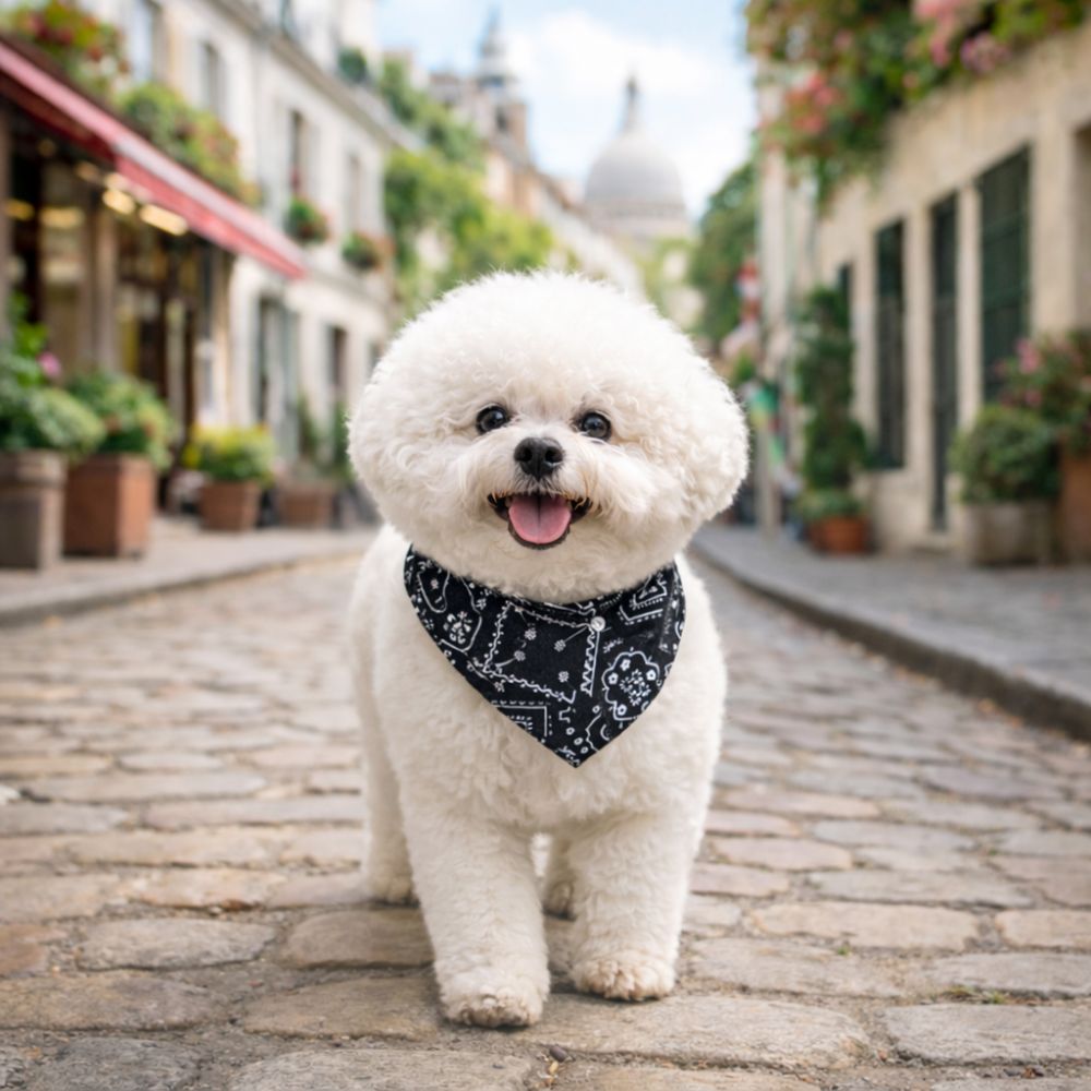 Collier bandana chien noir sur bichon en balade chic en ville