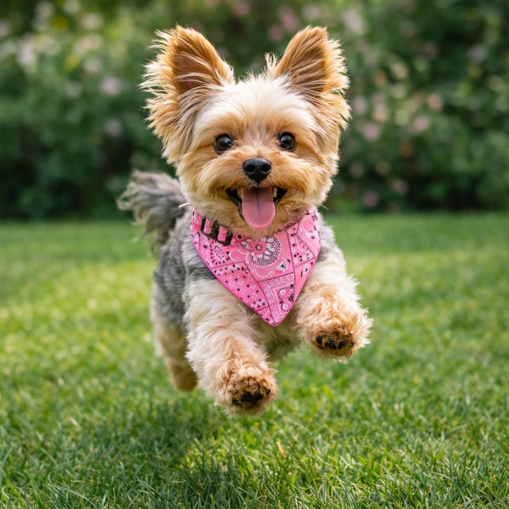 Collier bandana chien rose porté par yorkshire sautant sur pelouse verte