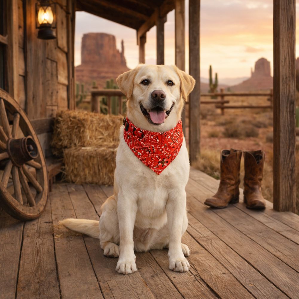 Collier bandana chien rouge porté par labrador dans décor western chaleureux