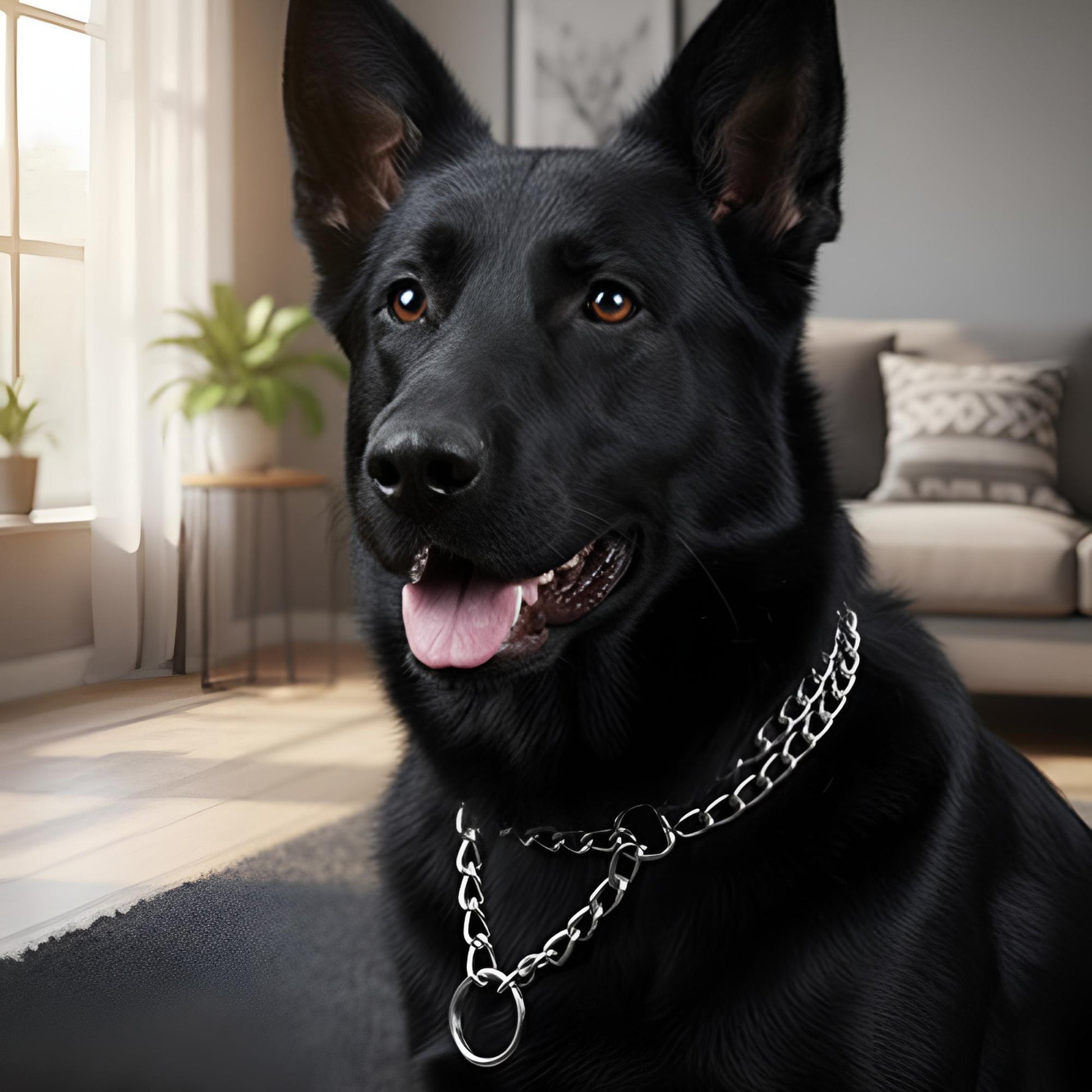 collier chaine pour chien au design métallique porté par chien noir, style sobre et contrôle en douceur