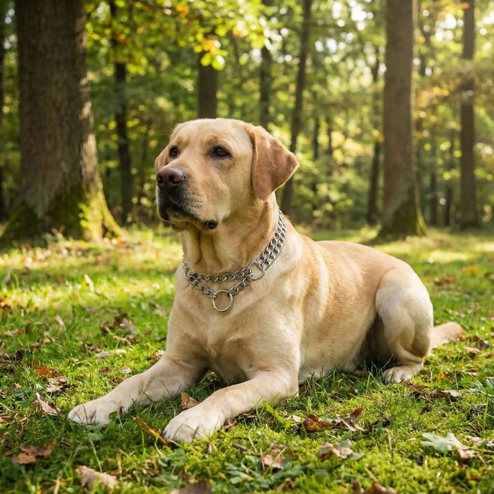 collier chaine pour chien sur labrador détendu, en double chaîne pour promenade sécurisée