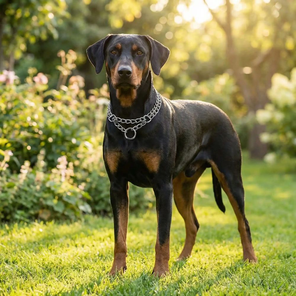 collier chaine pour chien style métal argenté porté par chien moyen, look net et maintien stable en promenade