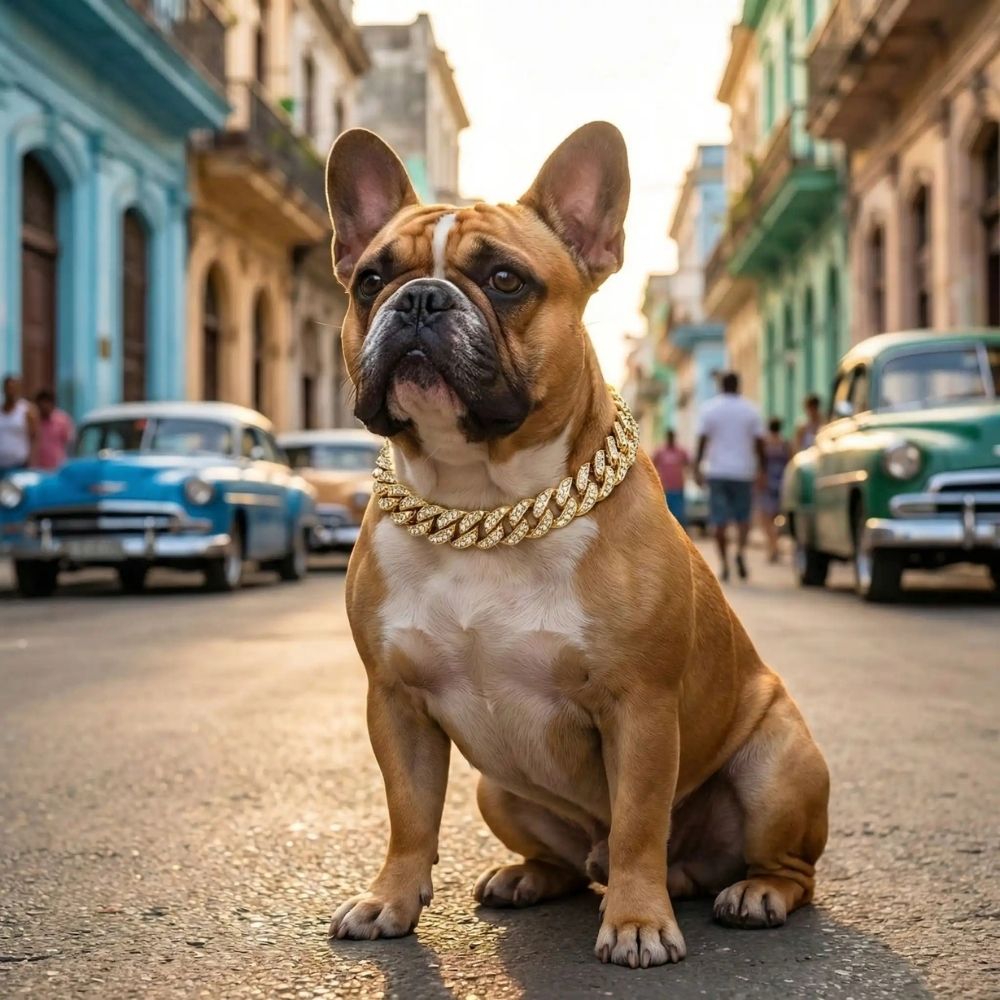 Bouledogue portant un collier chien en chaîne cubaine dorée dans une rue de La Havane