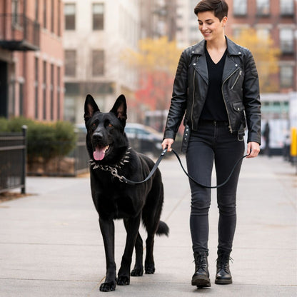 Malinois portant un collier chien clouté robuste en balade en ville